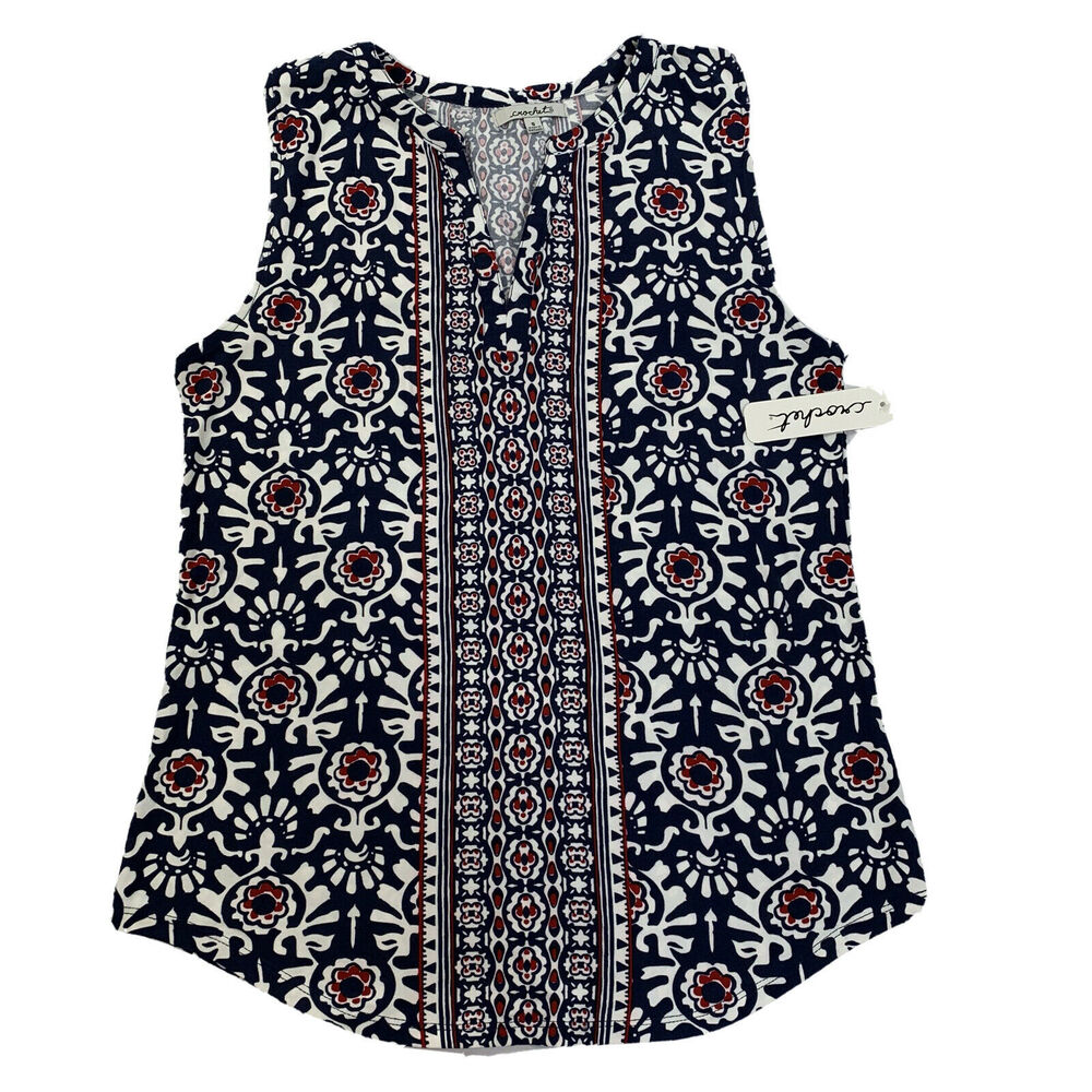 Crochet Boho Womens Tops Small Blue Sleeveless Shirt V Neck Light weight Stretch